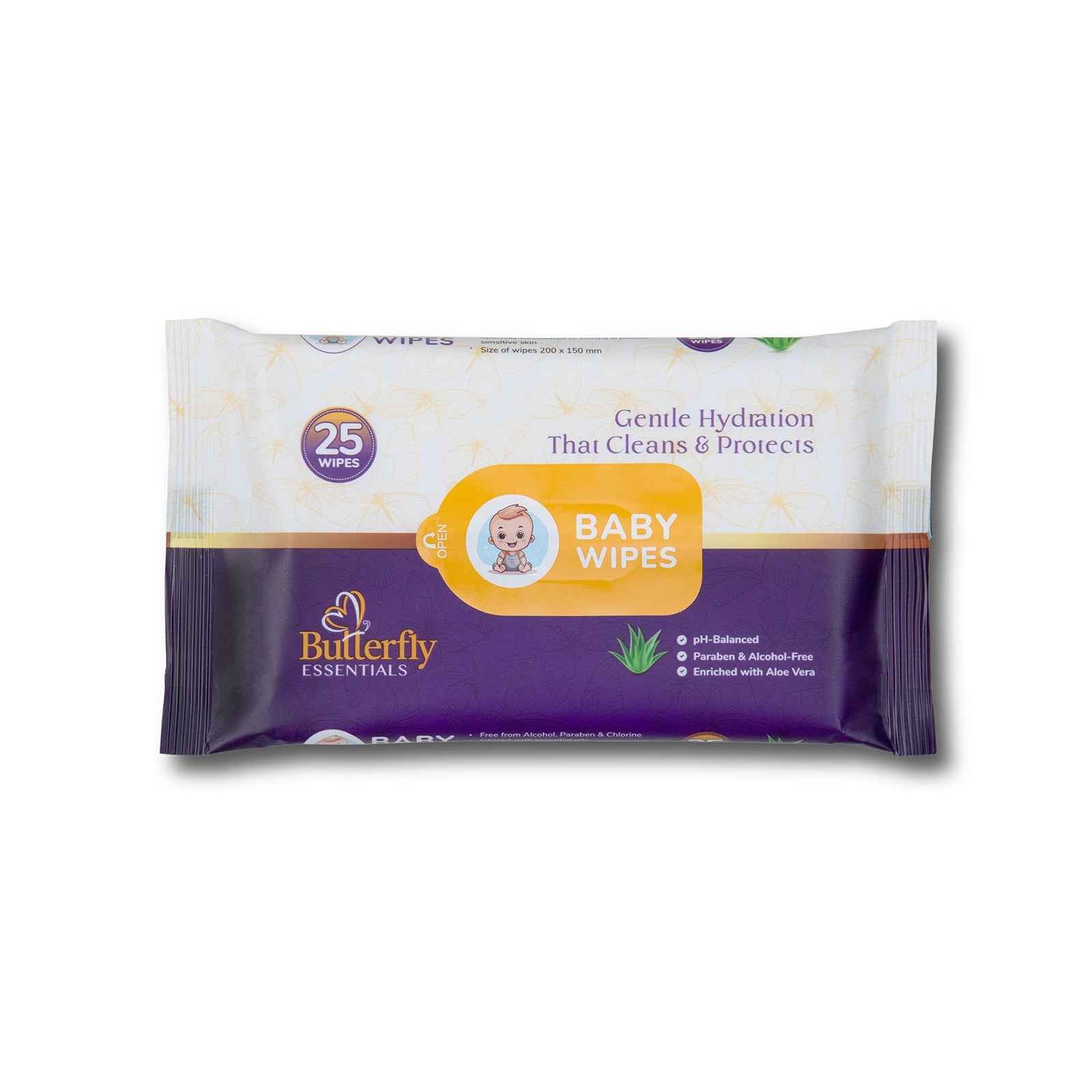 Butterfly Essentials baby wipes packaging on a white background